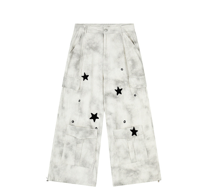 Worn Looking Washed-out Tie-dye Wide-leg Overalls