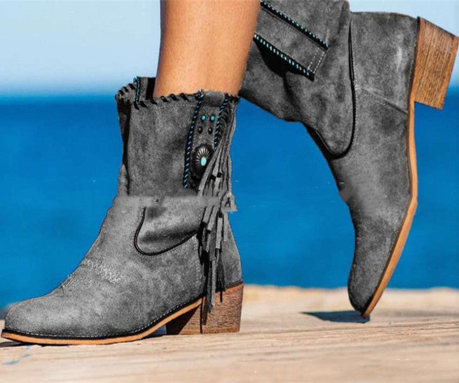 Women's Martin Boots With Thick Heels And Tassels