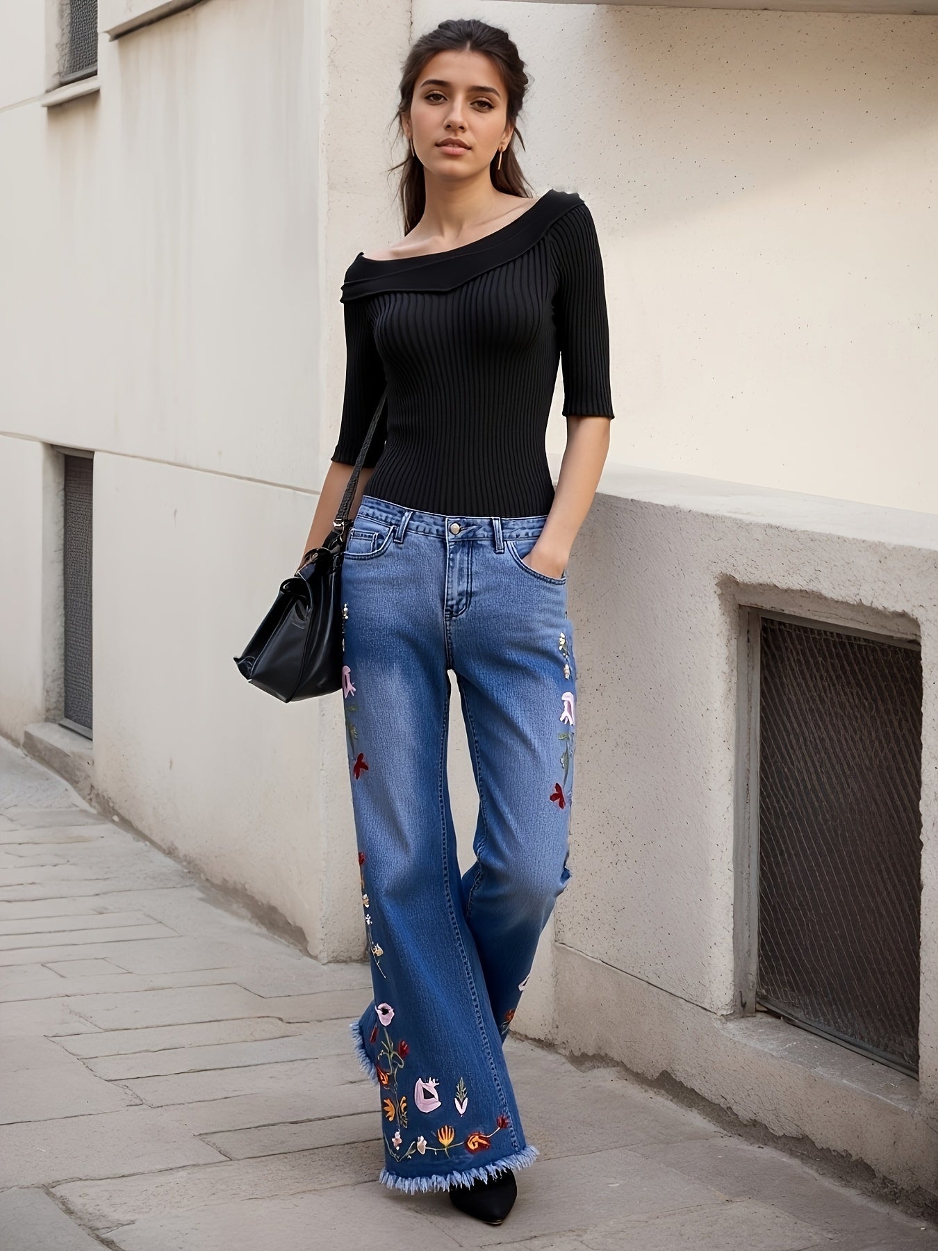 Ladies' High Waisted Slim Fit Bell Bottom Pants With Floral Embroidery Details, Lightweight And Comfortable Material - Breathable Elastic Denim Wide Leg Pants, The Best Choice For Elegant Fashion And
