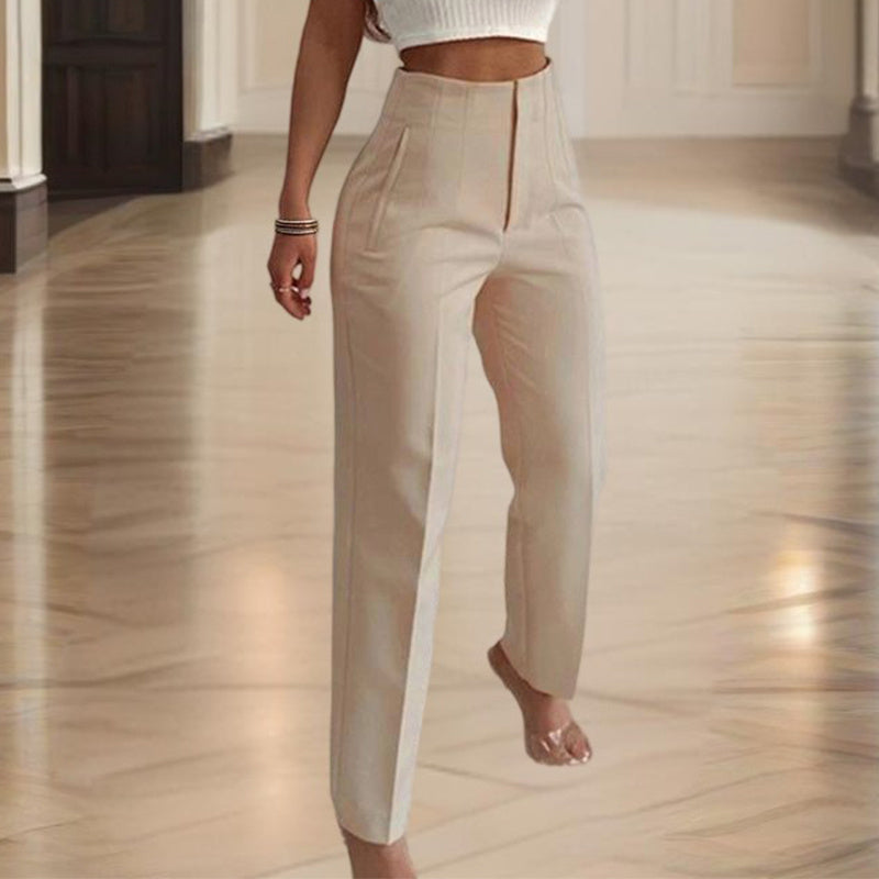 Women's High-Waisted Straight Leg Pants Casual Solid Color Pants With Button & Zipper Detail Comfortable Trousers With Pockets