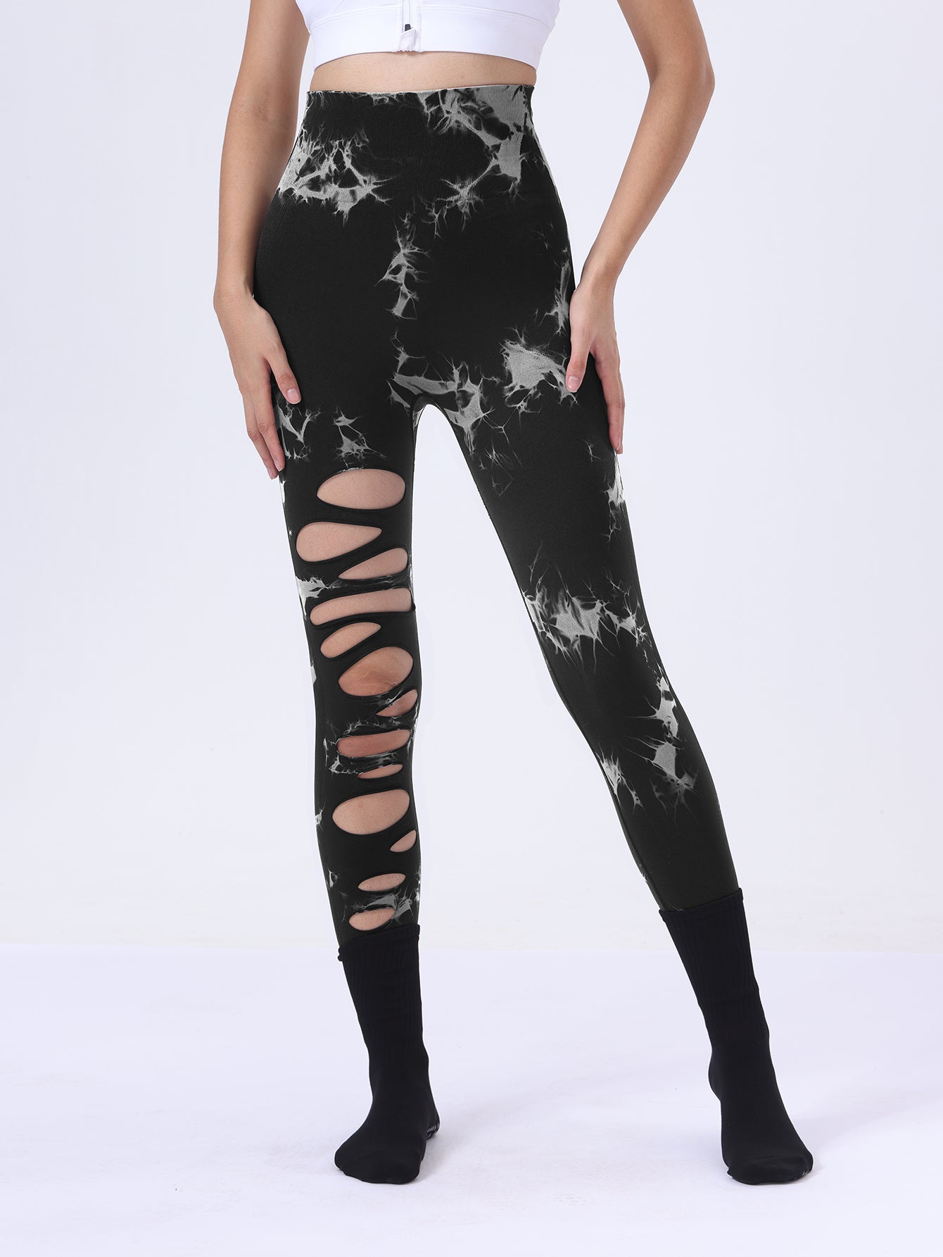 Butt Lifting Yoga Gym Athletic Pants, Hollow Out Tummy Control Sports Leggings Tie Dye Running Pants