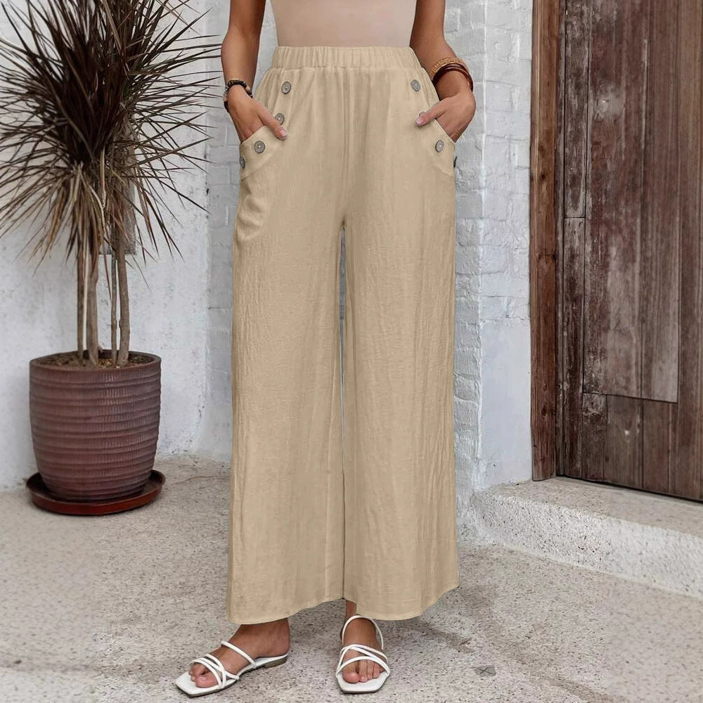 Women's Casual Elastic High Waist Loose Trousers Solid Color Wide Leg Pants