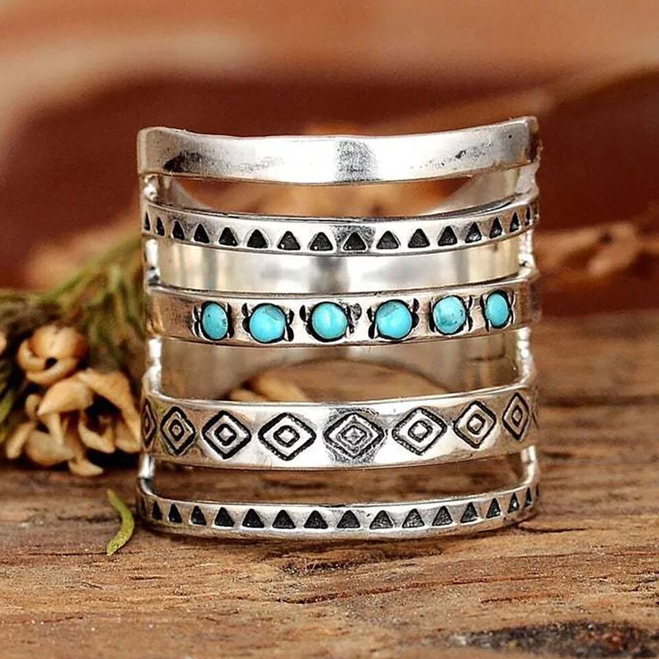 New Style Boho Engraved Ring Hollow Vintage Turquoise Ring