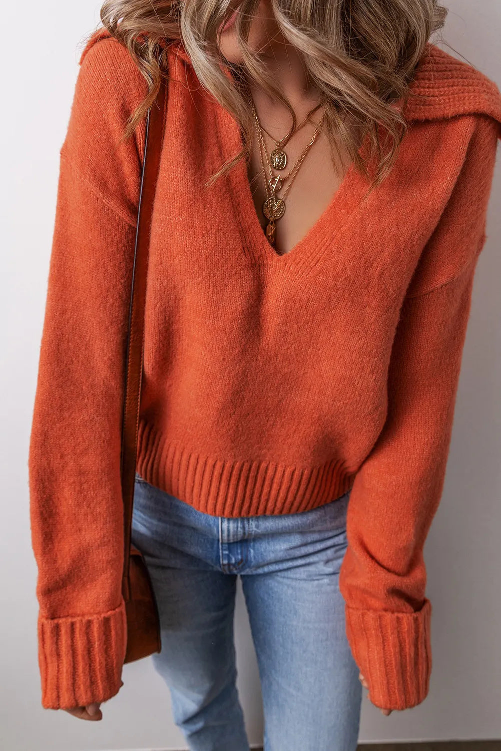 Flamingo Collared V Neck Ribbed Edge  Elegant Sweater