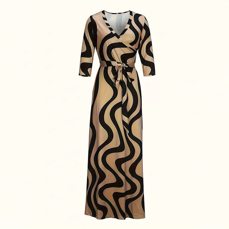 Women's V-Neck Elegant Half-Sleeve Belted Waist Print Maxi Dress For Spring&Summer Dress