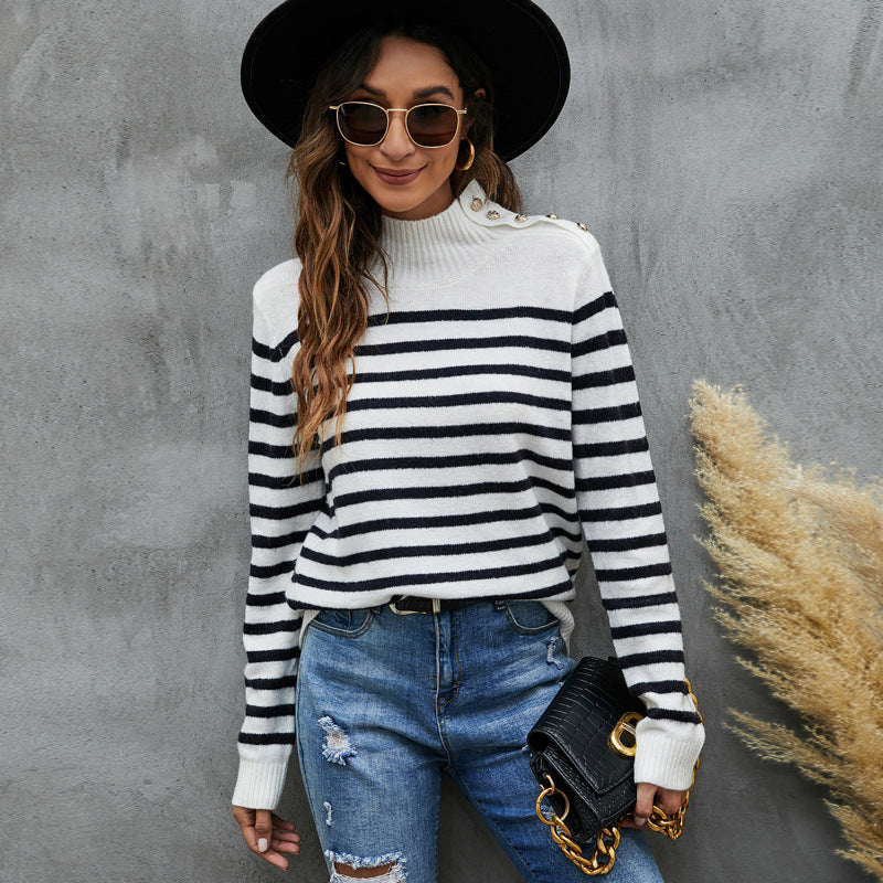 Women's Striped Sweater Loose Long Sleeve Stand Collar Sweater