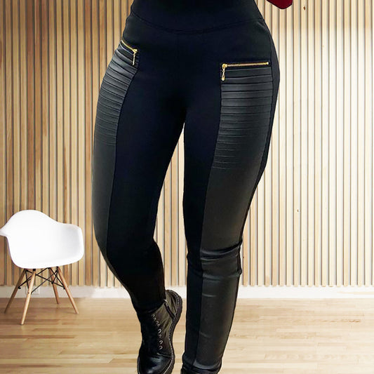 Plus Size Women's Faux Leather Splice Pants With Zip Detail Slim Fit Trousers For Spring&Fall