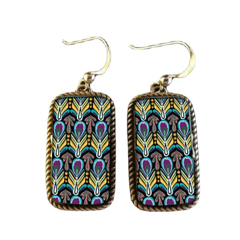 Boho Vintage Peacock Feather Turquoise Stud Earrings For Women