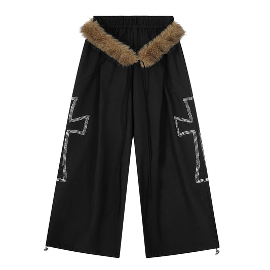American Retro Deconstructed Detachable Fur Collar Overalls