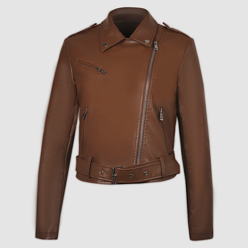 Lapel Short Belt Women's PU Simple Leather Jacket Motorcycle Jacket
