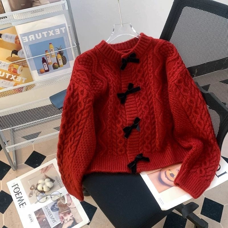 Women's Retro Japanese Lazy Twist Bow Sweater Coat