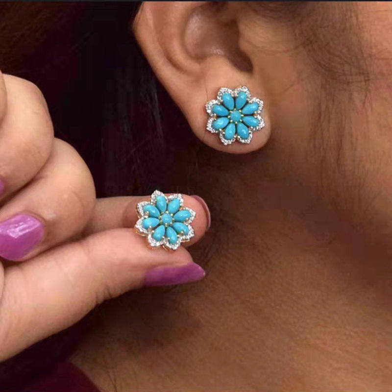 Boho Vintage Peacock Feather Turquoise Stud Earrings For Women