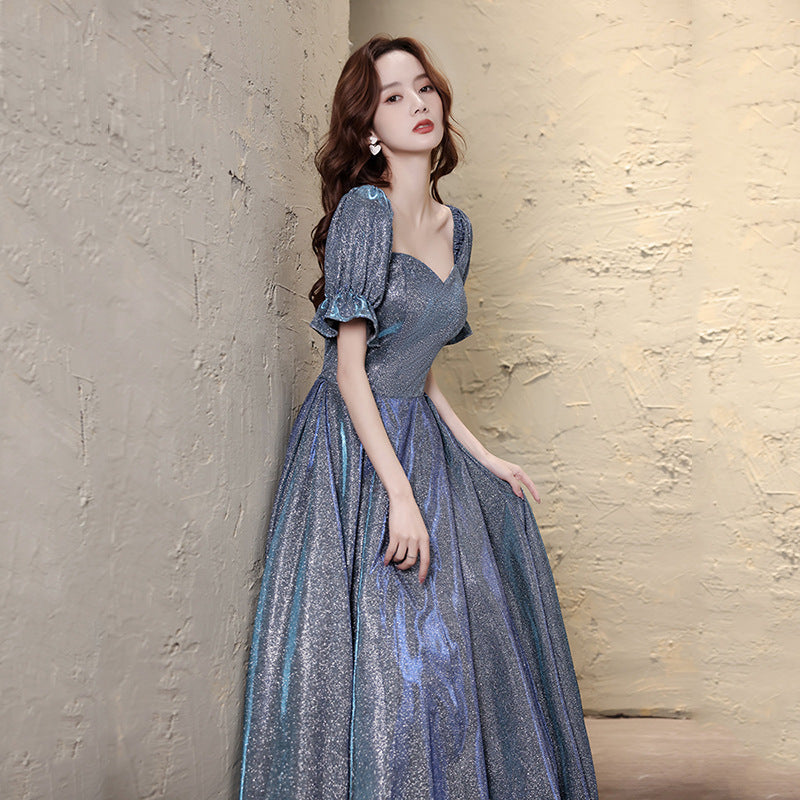 Elegant Sparkly Starry Princess Scoop Neck Puff Sleeve Floor Length Prom Gown Evening