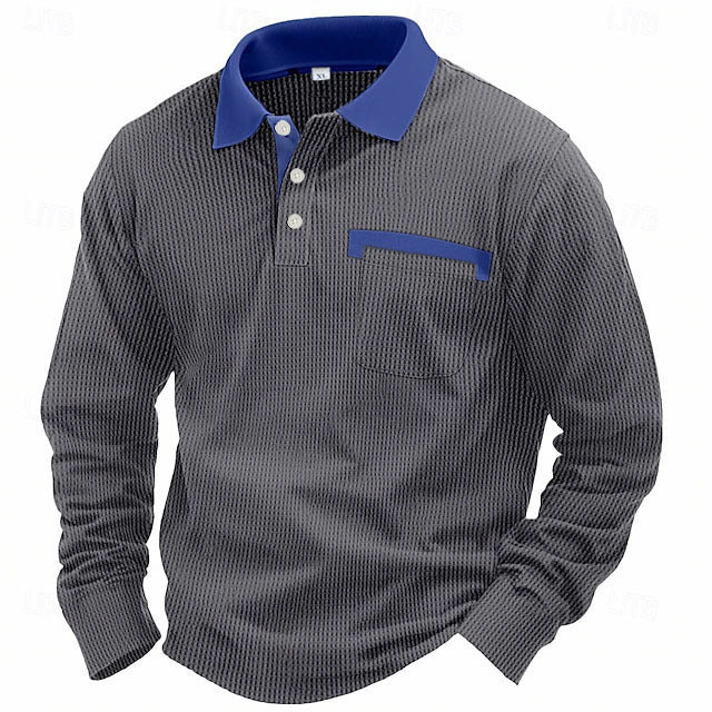 Men's Long-sleeved Waffle Polo Shirt Top