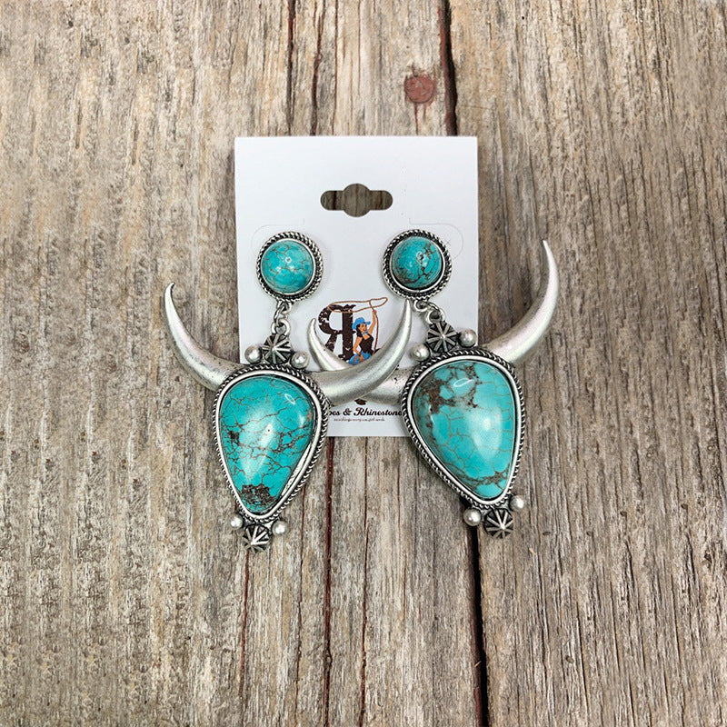 Women's Vintage Boho Drop Turquoise Bull Head Earrings