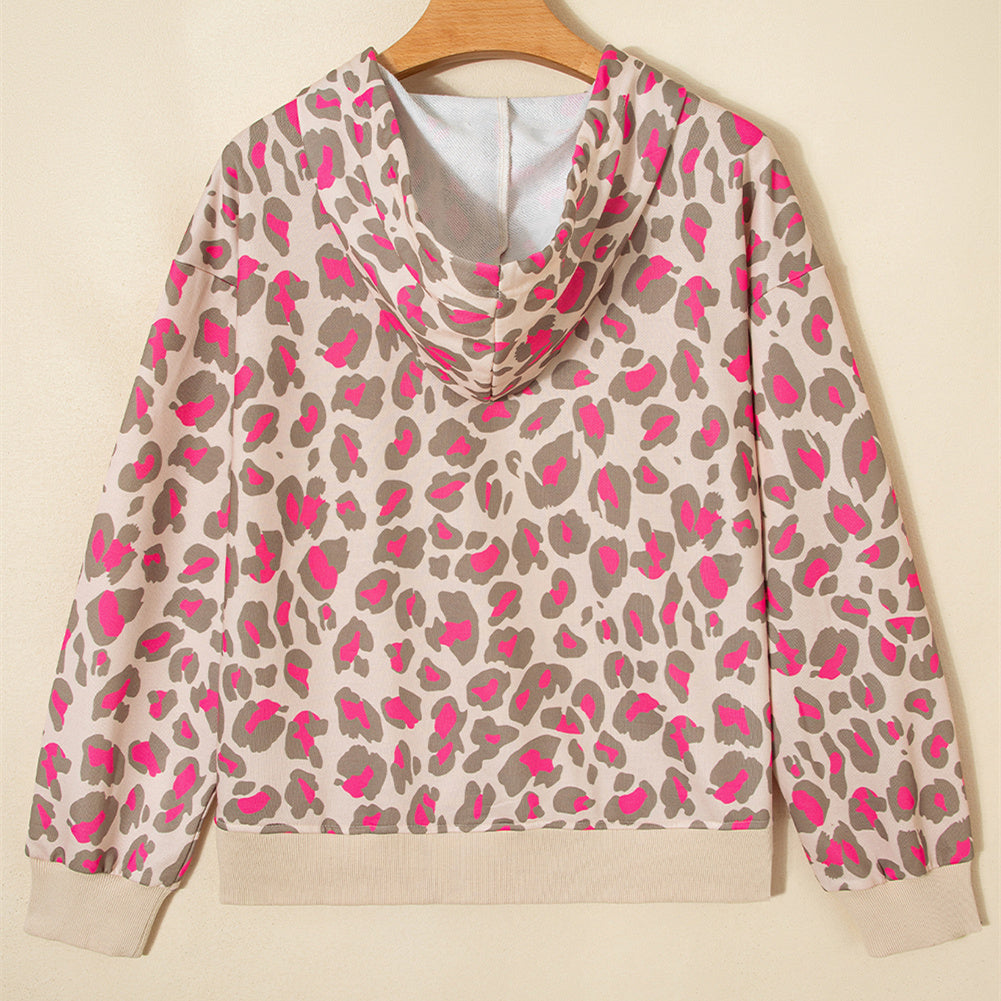 Women's All-match Rose Leopard Zipper Hooded Sweatshirt