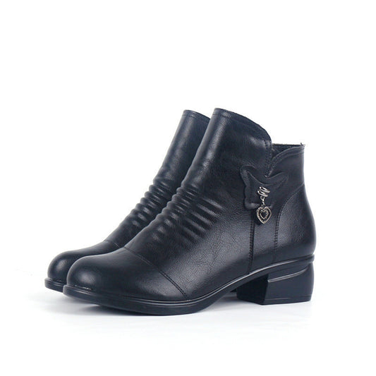 17 years' new women's new women's round head, rough heel and anti skid boots, middle-aged mothers, comfortable and comfortable cashmere shoes