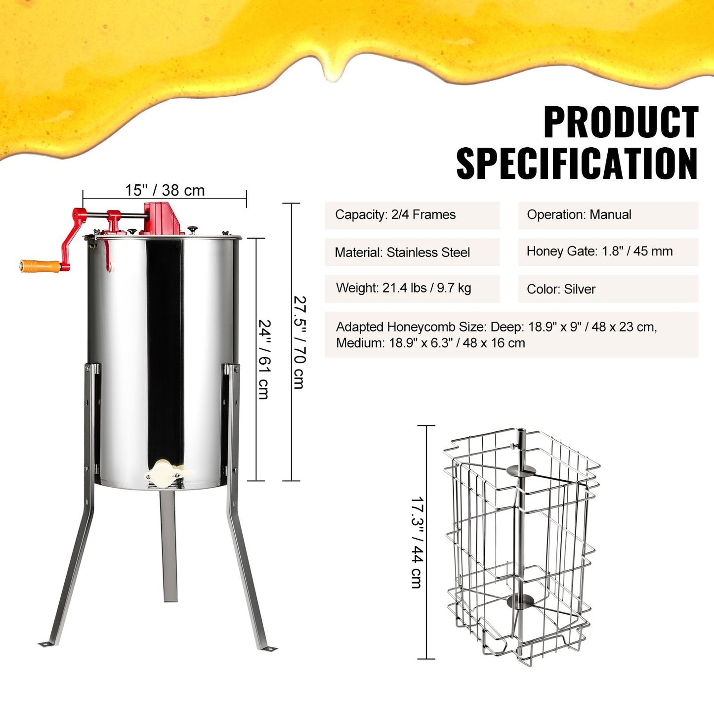 Manual Honey Extractor,  Frames Honey Spinner Extractor, Stainless Steel Beekeeping Extraction, Honeycomb Drum Spinner With Lid, Apiary Centrifuge Equipment With Height Adjustable Stand