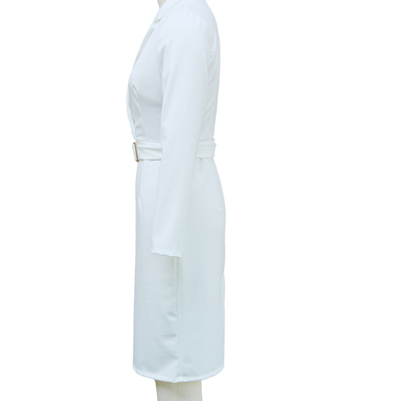 Women's Solid Color Blazer V-Neck Dress With Belt & Hem Slit - Slim Fit Formal Midi Dress For Spring&Fall
