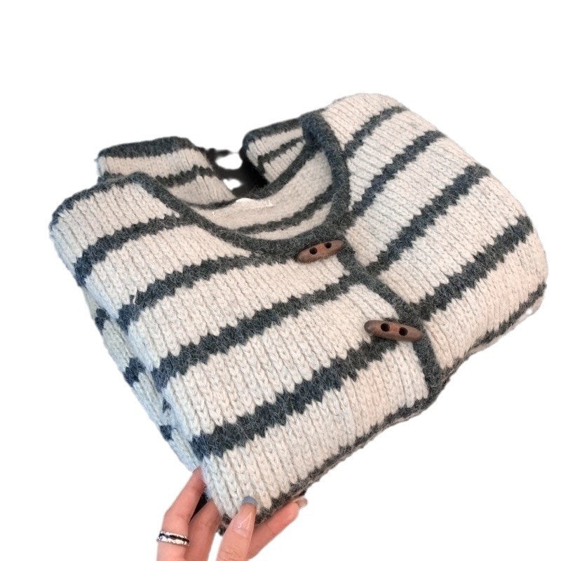 Women's Horn Button Vintage Stripe Knitwear Coat