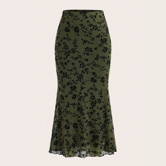 Dark Green Floral Half-length Fishtail Skirt For Women