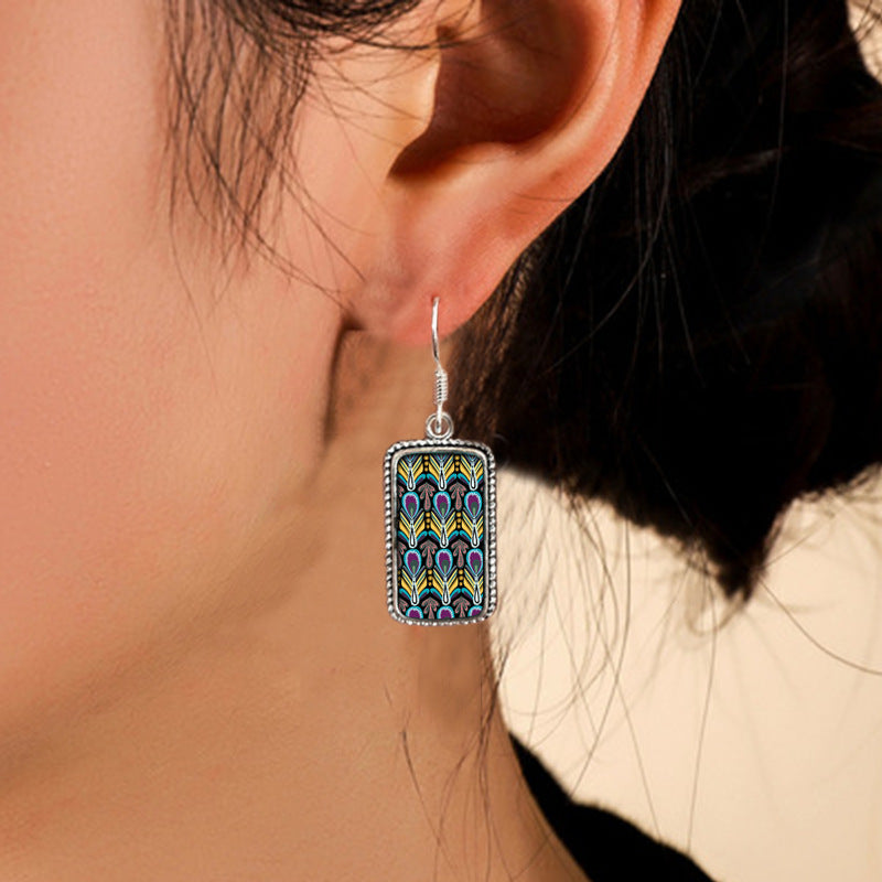 Boho Vintage Peacock Feather Turquoise Stud Earrings For Women