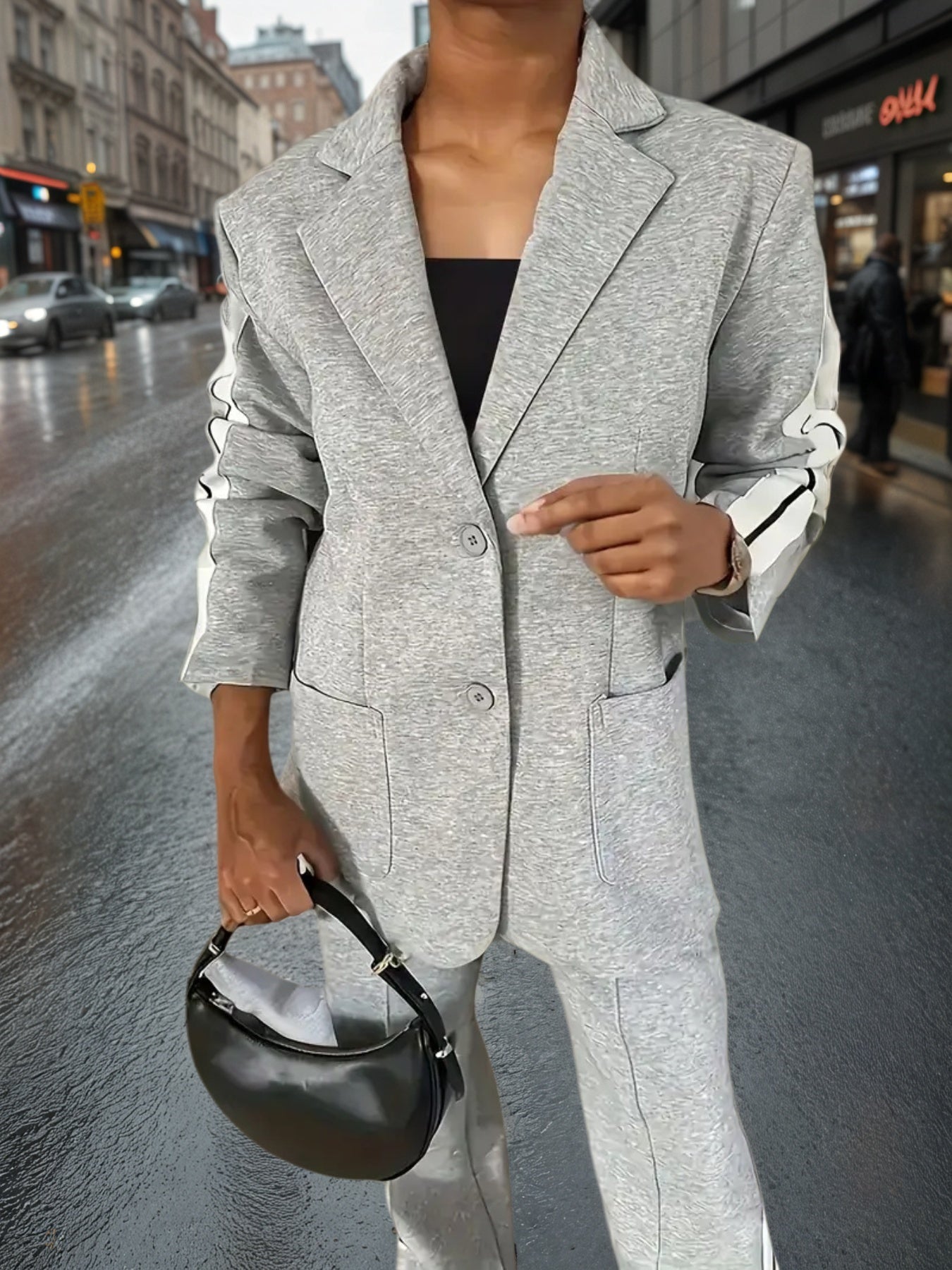 Women's New Fashionable And Elegant Women's Suit Top&pants Set - Long Sleeved Pants With Side Striped Details On The Collar, Spring And Autumn Solid Color Casual Wear, Flannel, Suit