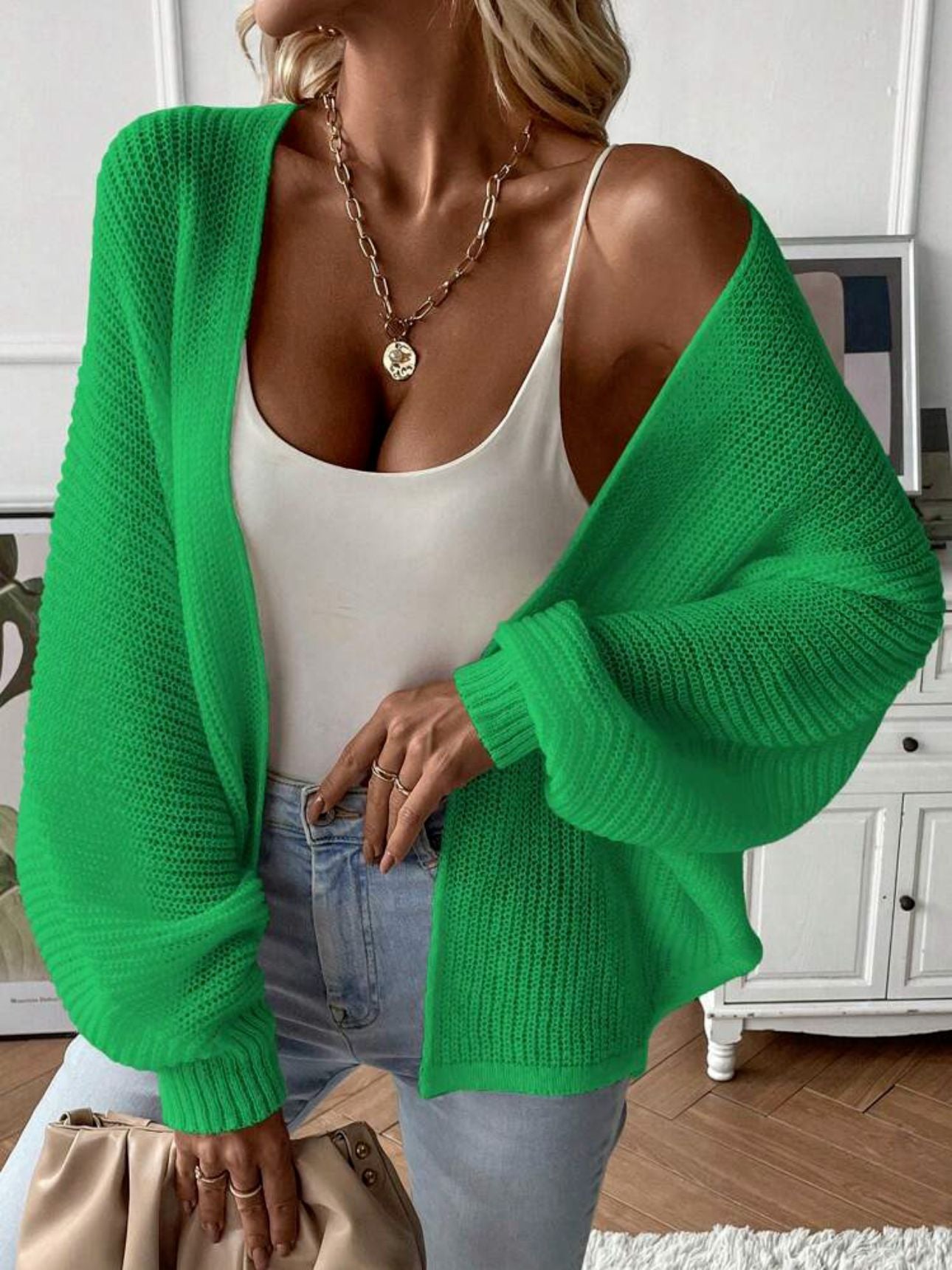 Batwing Sleeve Cardigan Solid Color Cardigan