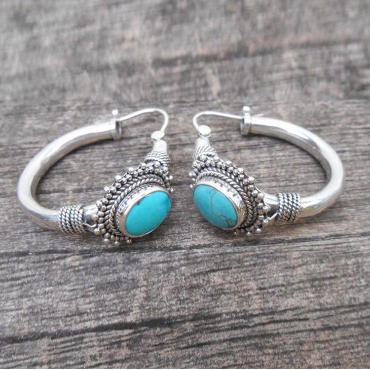 Boho Vintage Peacock Feather Turquoise Stud Earrings For Women