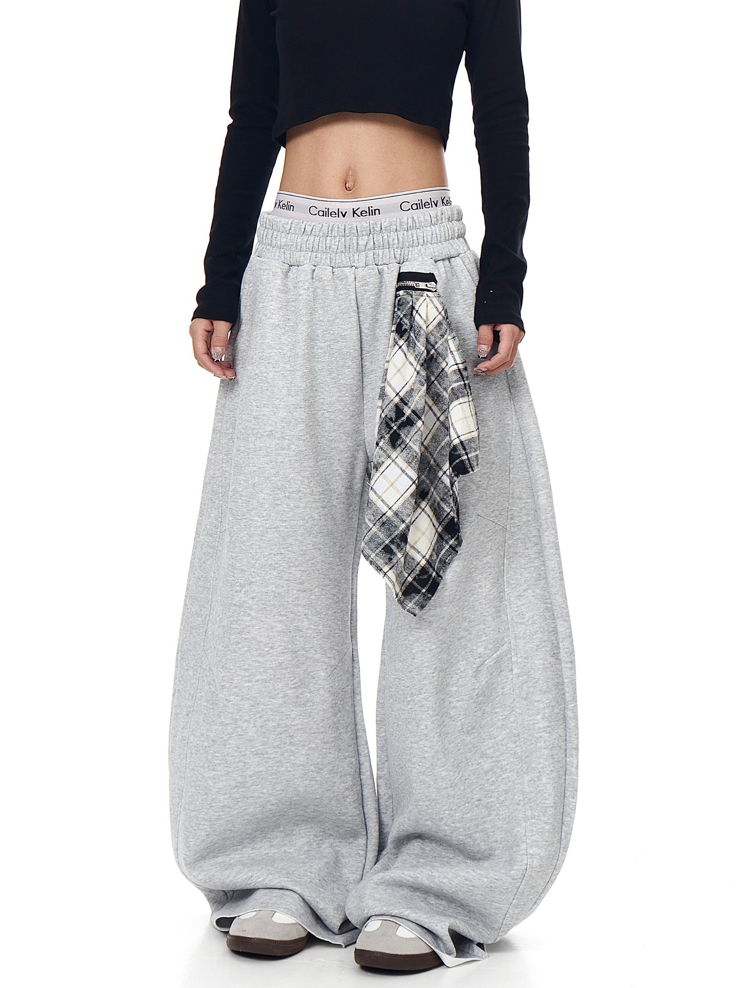 Retro Detachable Plaid Square Scarf Loose Wide-leg Pants