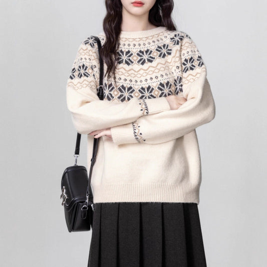 Women's Vintage Fair Island Woven Thickened Crew Neck Pullover Sweater