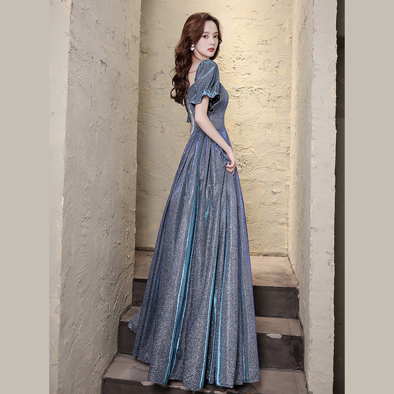 Elegant Sparkly Starry Princess Scoop Neck Puff Sleeve Floor Length Prom Gown Evening