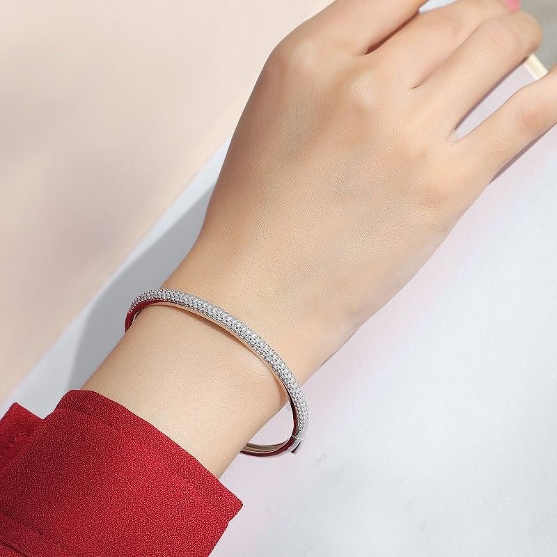 Classic Fashion Bridal Pave AAA Cubic Zirconia Princess Cut CZ Eternity Tennis Stackable Bangle Bracelet For Women, Prom, Wedding Silver Plated 7-7.5 Inch