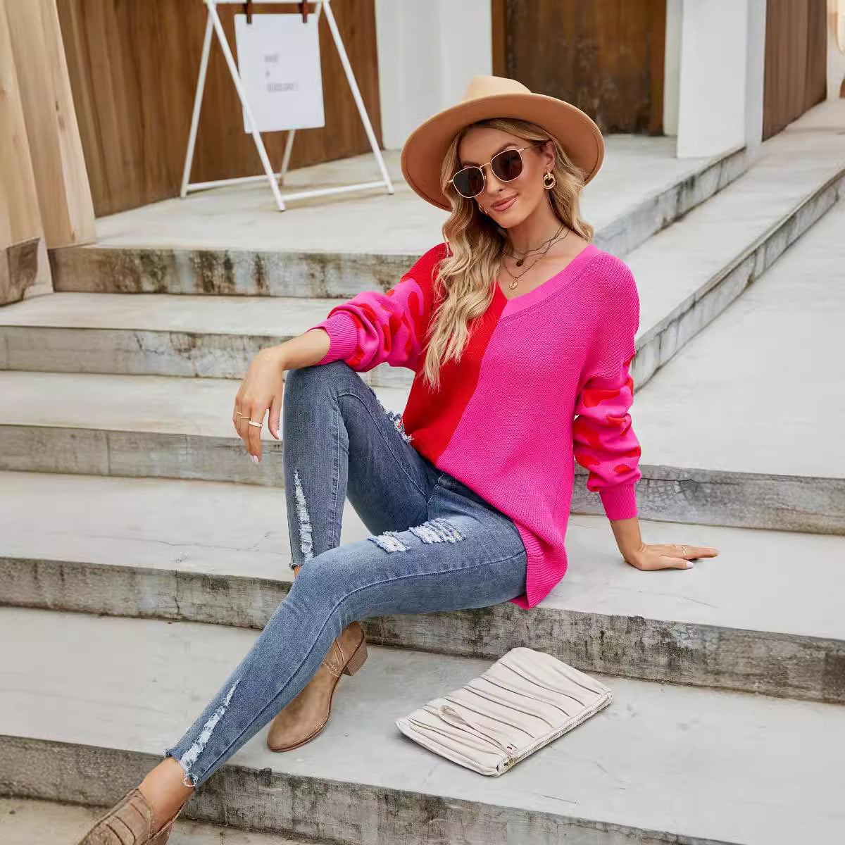 Women's Casual Contrast Color Leopard Print V-neck Fashion Pullover Sweater