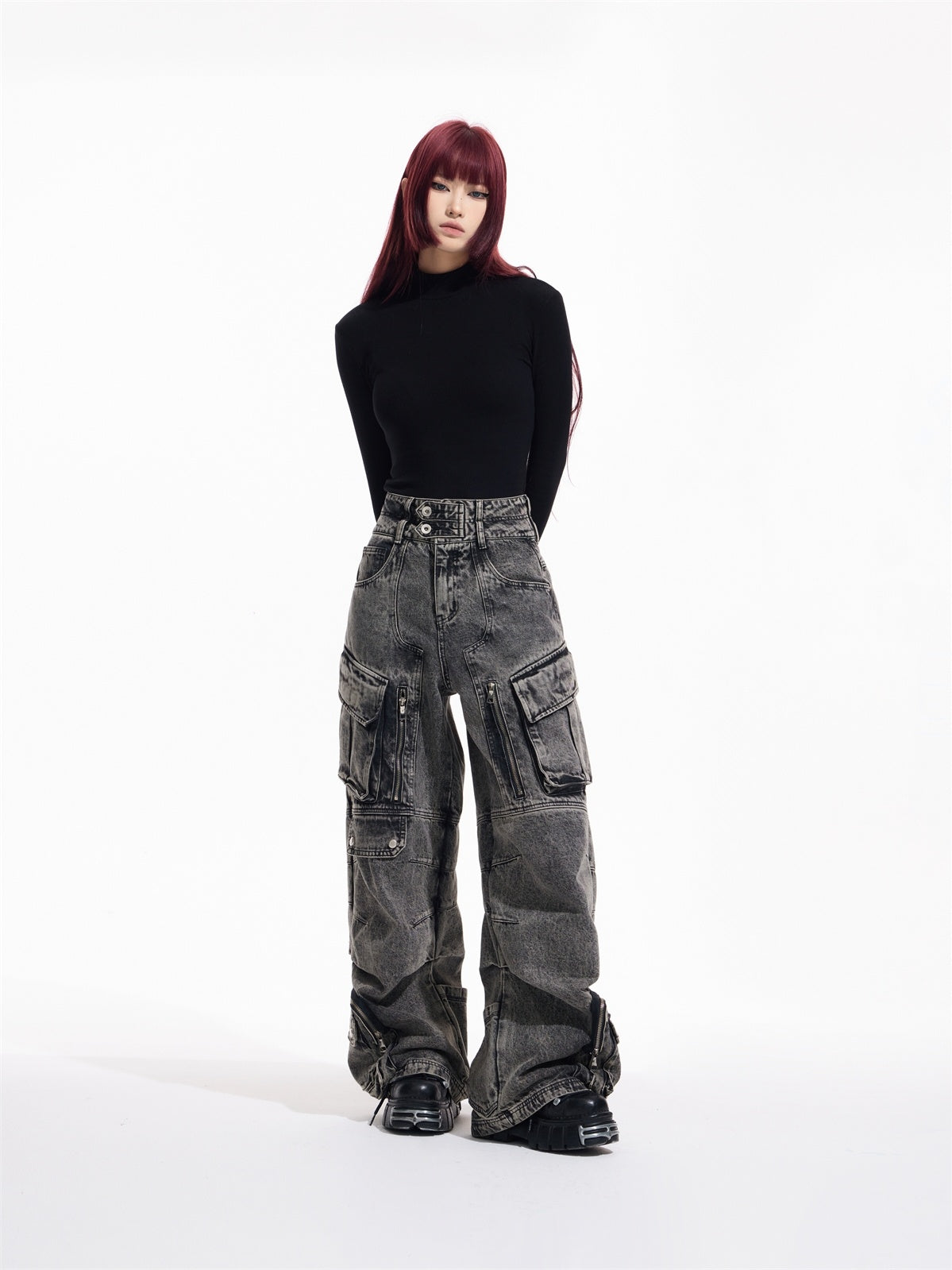 Design Retro Work Style Multi Pocket Jeans