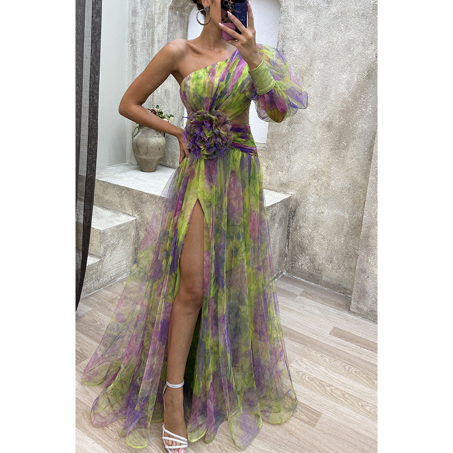 New Party Mesh Slanted Shoulder Dress INS Casual And Fashionable Women's Long Skirt