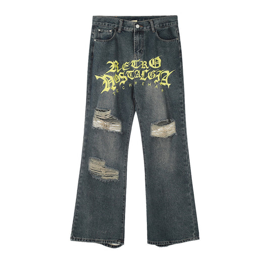 Embroidery Hole Slightly Flared Jeans Men