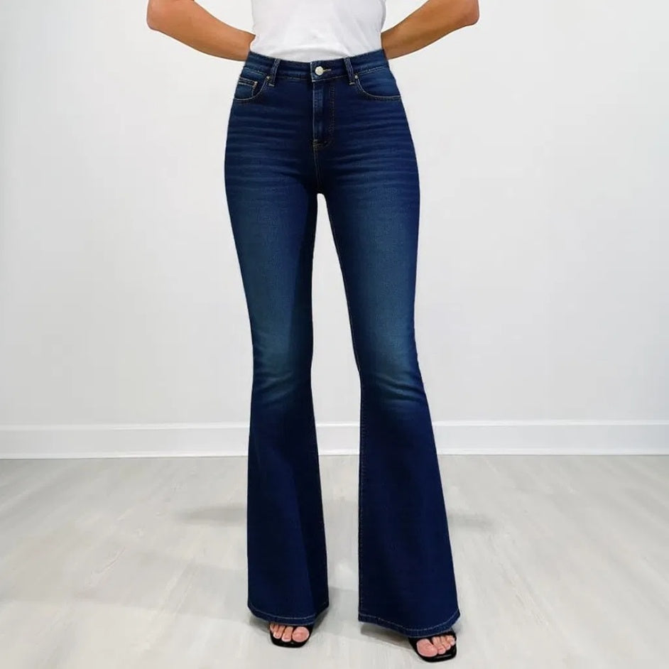 Gold Embroidered Horse Flare Jeans High-Waisted Dark Wash Retro Western Cowgirl Chic Festival Ready Must-Have Denim Pants