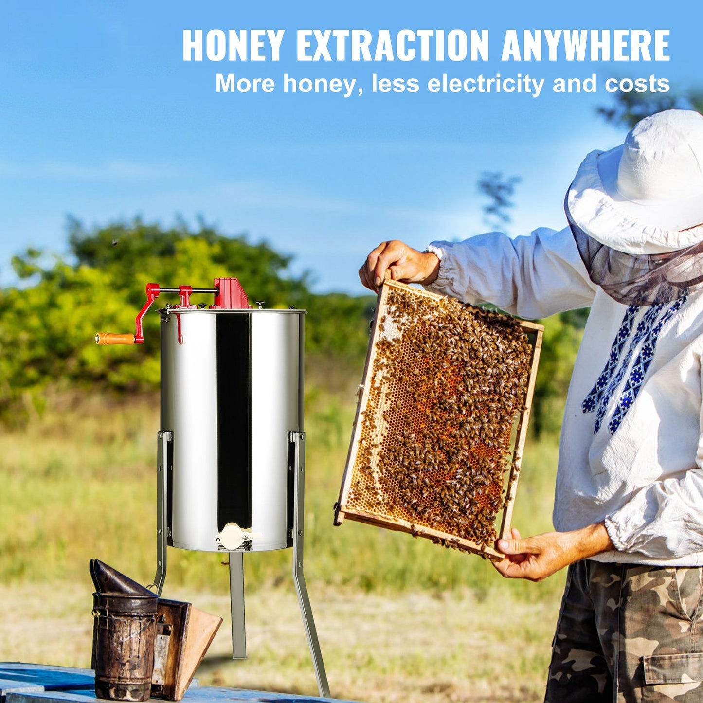 Manual Honey Extractor,  Frames Honey Spinner Extractor, Stainless Steel Beekeeping Extraction, Honeycomb Drum Spinner With Lid, Apiary Centrifuge Equipment With Height Adjustable Stand
