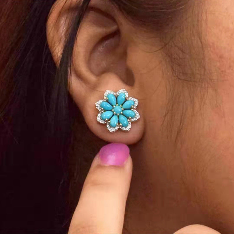 Boho Vintage Peacock Feather Turquoise Stud Earrings For Women