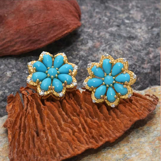 Boho Vintage Peacock Feather Turquoise Stud Earrings For Women