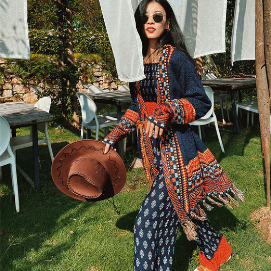 Boho Fringed Vintage Knitted Cardigan Women's Long Sweater Coat