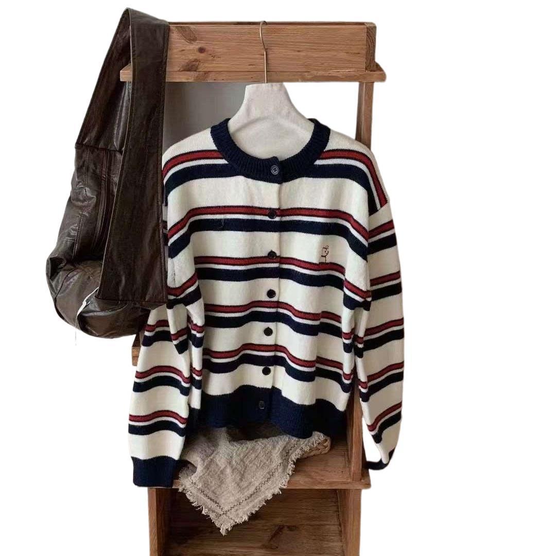 Women's Loose Round Neck Striped Contrast Color Puppy Embroidered Coat