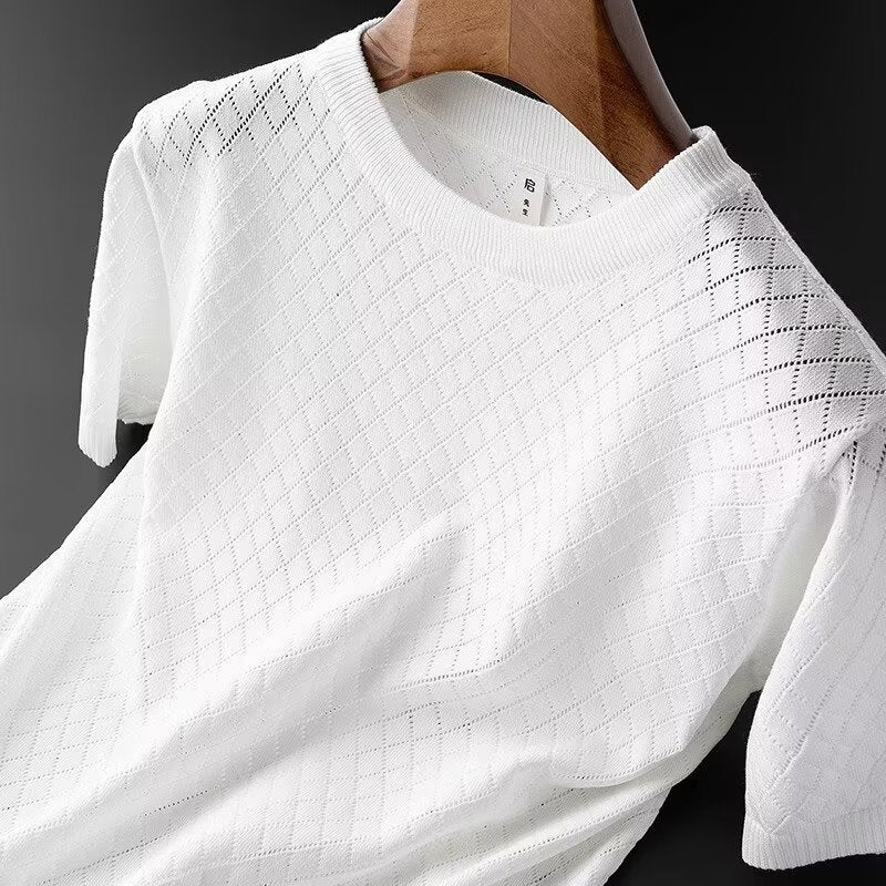 Men's Ice Silk Cut-out V-neck T-shirt Top Summer Plus Size Short Sleeve