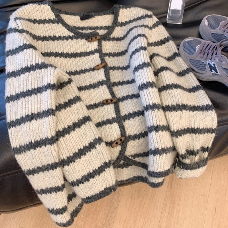 Women's Horn Button Vintage Stripe Knitwear Coat