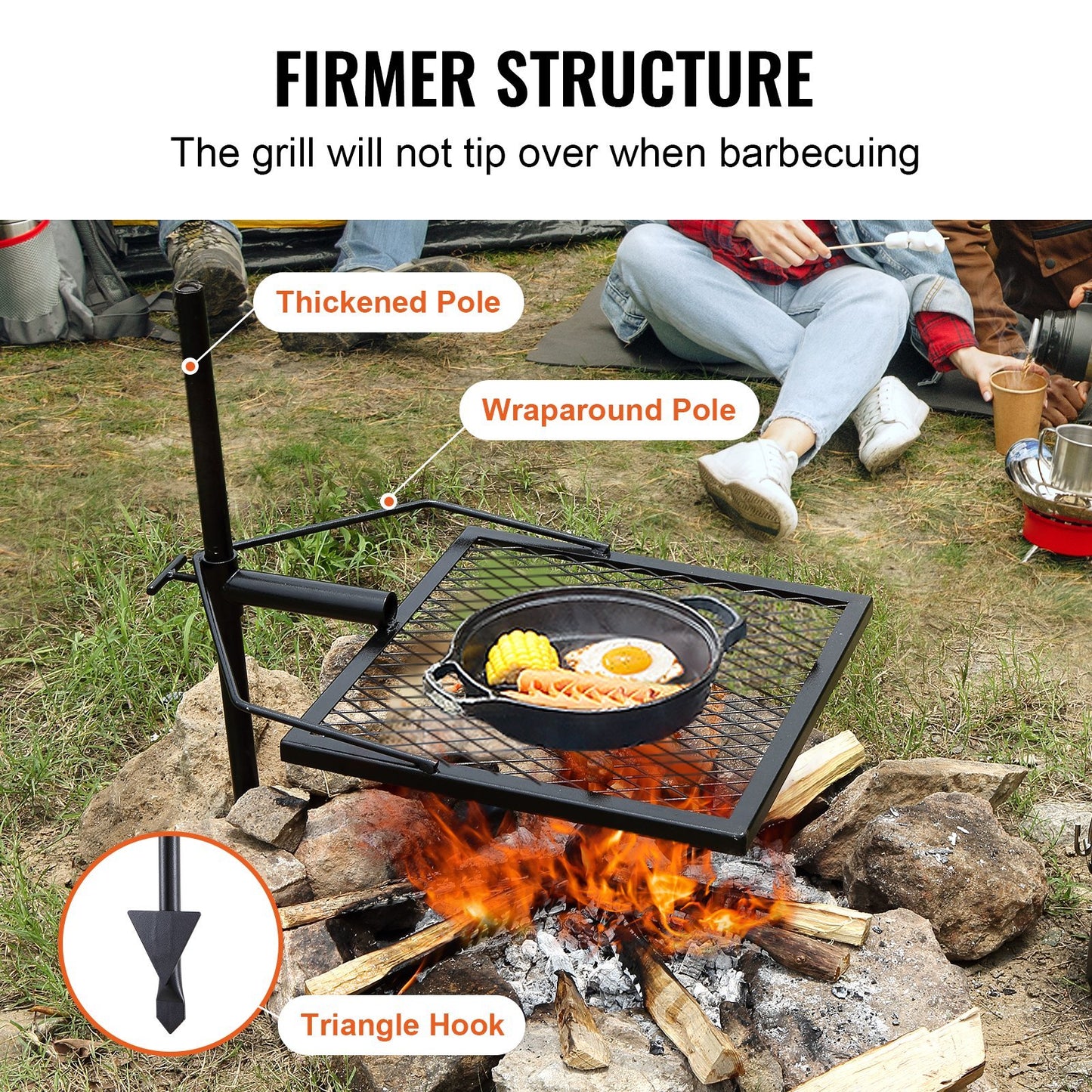 VEVOR Swivel Campfire Grill, Fire Pit Grill Grate Over Fire Pits, Heavy Duty Steel Grill Grates, 360Adjustable Open Fire Outdoor Cooking Equipment, Portable Camp Fire Racks For Camping Outdoor BBQ
