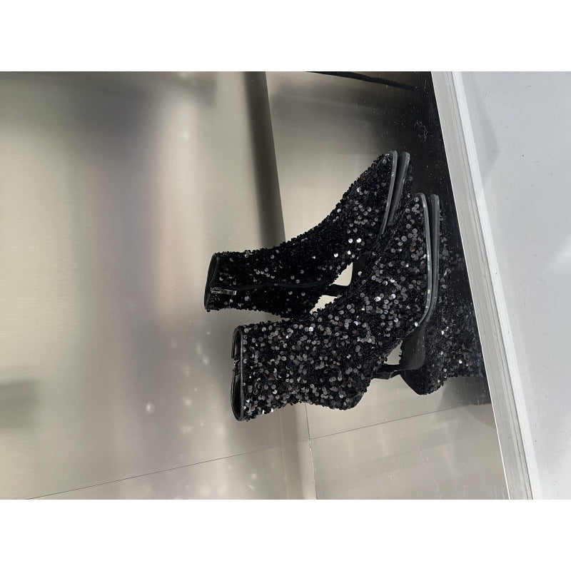 Pointy Toe Nude Boots Mid-heel Autumn And Winter Fashion Temperament Black High Heels