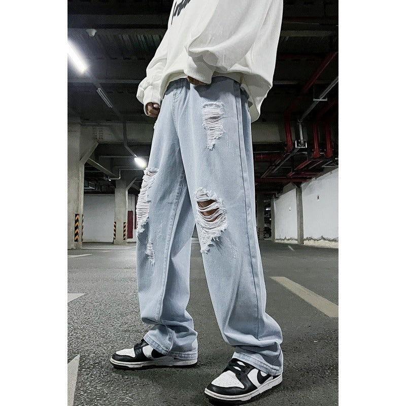 Men's Solid Color Ripped Denim Cropped Pants