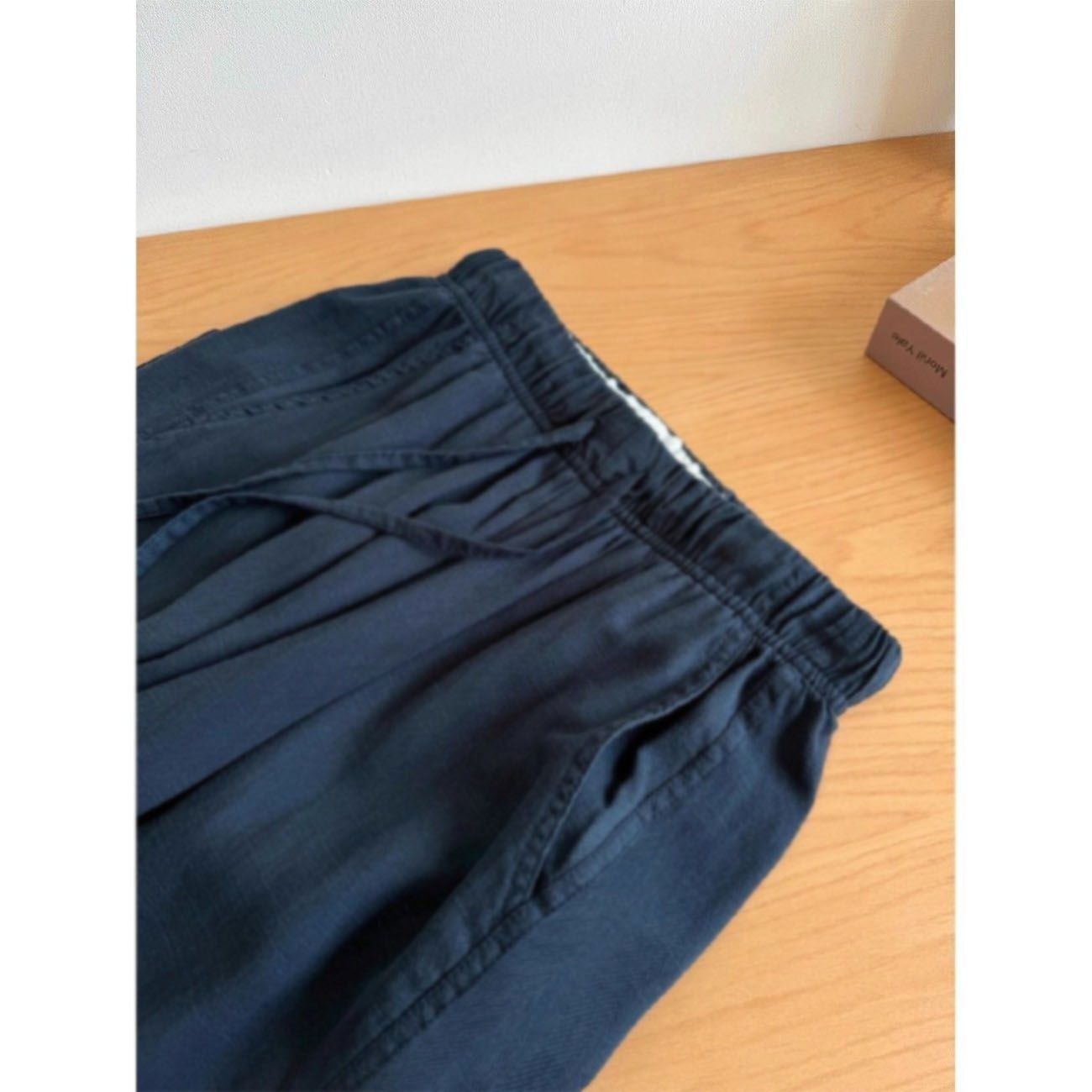 Blue Elastic Waistband Lace-up Cotton Linen Wide-leg Pants
