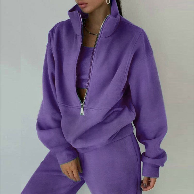 Women's 2-Piece Zip Neck Long Sleeve Sweatshirt & Slim Fit Pants Set - Sporty Streetwear Outfit For Fall&Winter